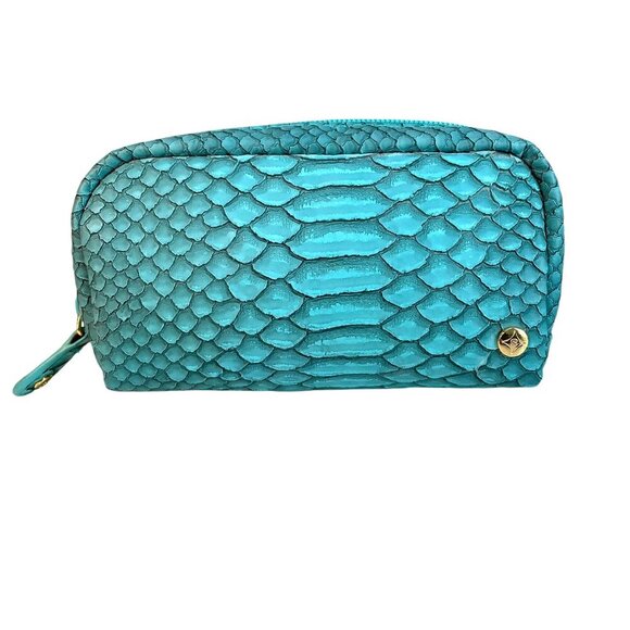 Stephanie Johnson Zipper Makeup Bag Jewelry Case Turquoise Faux Reptile 6-Inch - Picture 1 of 9